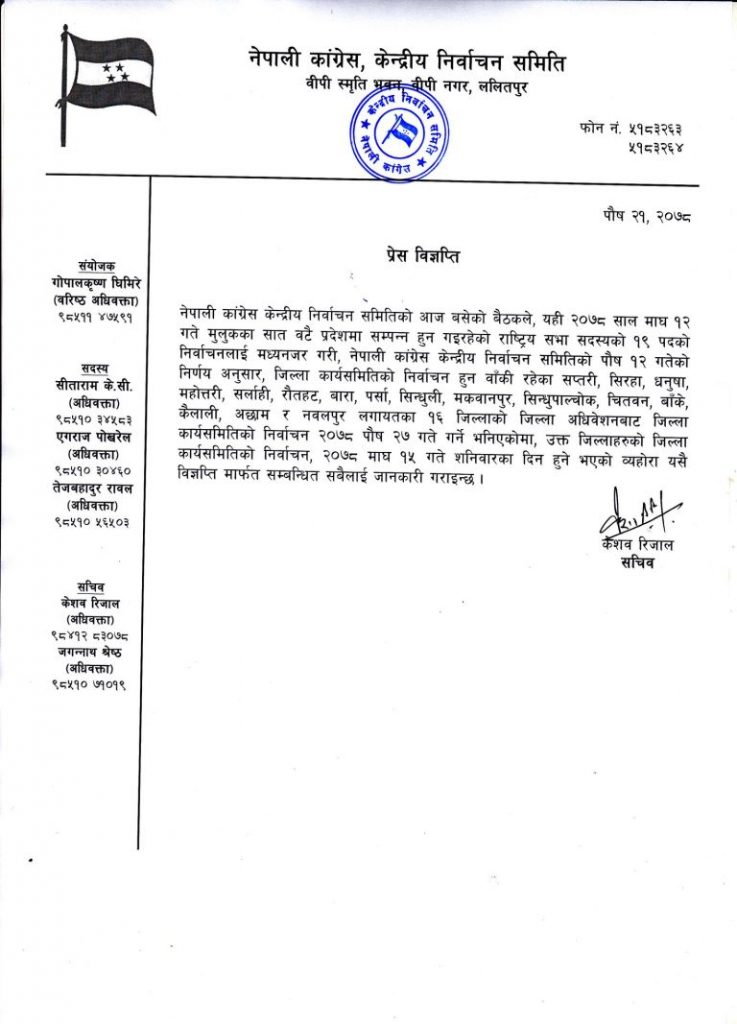 कांग्रेस जिल्ला अधिवेशन फेरि सर्‍यो, राष्ट्रिय सभा निर्वाचनपछि १५ माघमा हुने